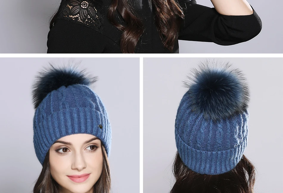 Woman Winter Hats Wool Skullies Beanie Raccoon Fur Pom Pom Stripe Knitted Hat Female Autumn Skullies Beanies  (19)