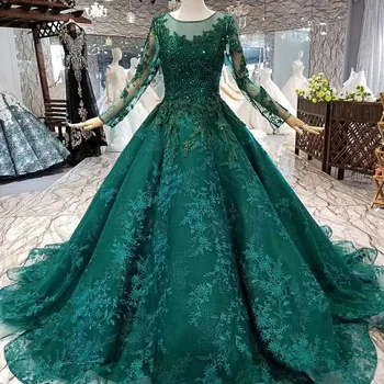

Vivian's Bridal 2018 Lace Applique High-end Muslim Evening Dress Long Sleeve Lace-up Illusion Sequin Bead Emerald Formal Dress