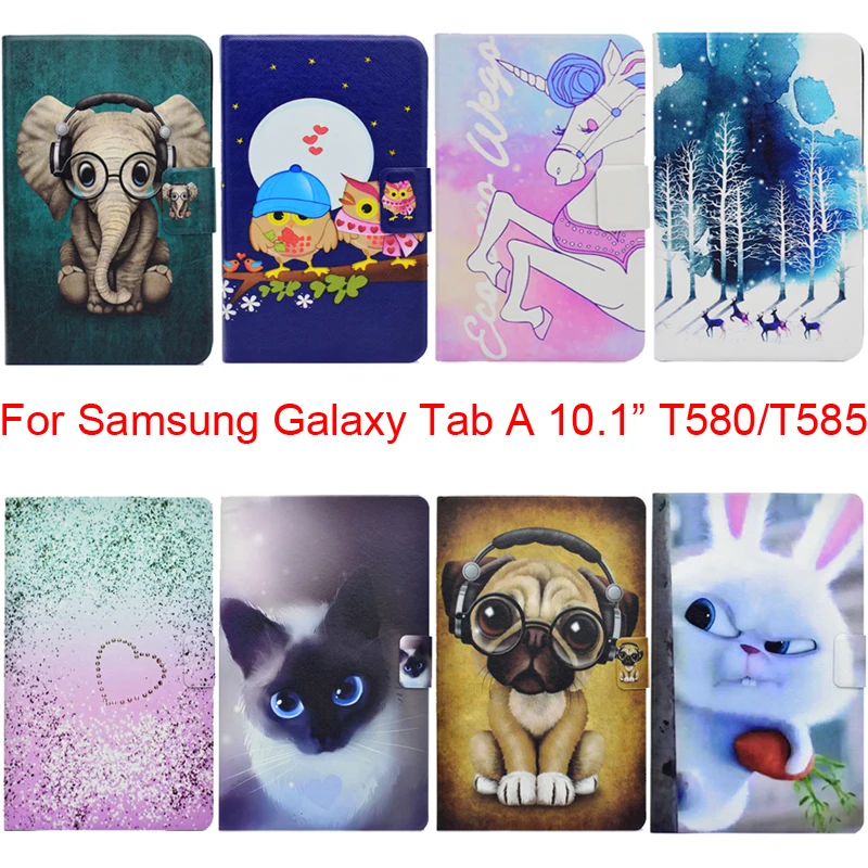 

Anti Knock Soft Cover For Samsung Galaxy Tab A 10.1 T580 Stand Case With Elephant Dog Cat Rabbit Horse Owl Heart Forest Printing