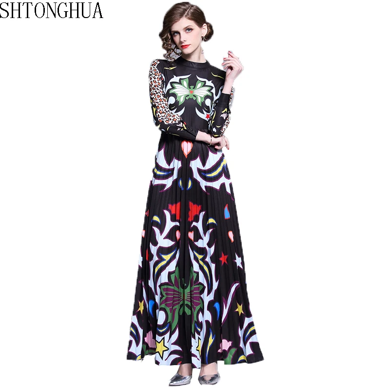 

Spring Runway Pleated Long Party Dress 2019 Designer Women Printed Leopard Boho Maxi Dresses Vintage Stand Collar Dress
