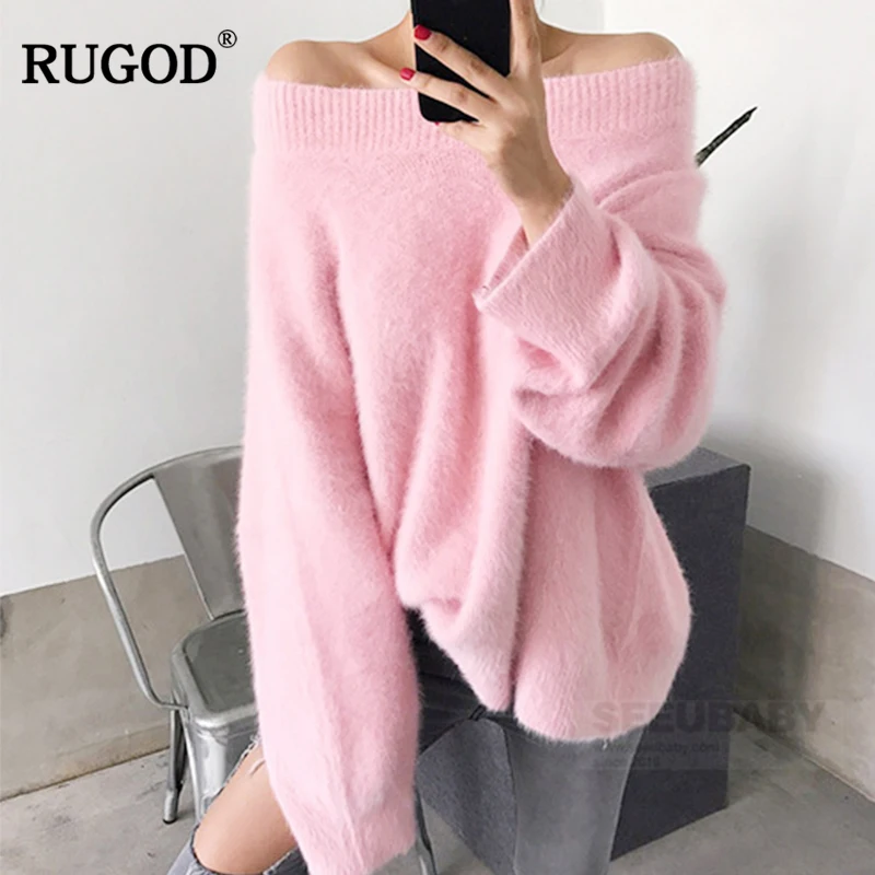 RUGOD 2018 Autumn and winter New White and Pink Oversize Loose Slash Neck Hight Street style women sweater Pullovers korean