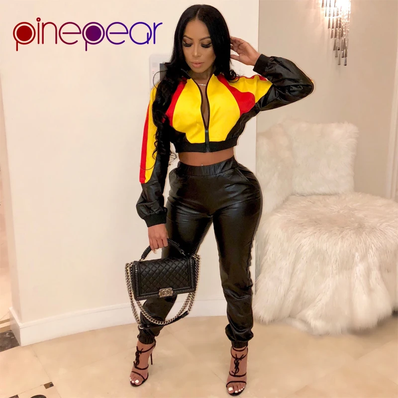 PinePear PU Leather Two Pieces Set Women Clothes Winter Tracksuit Long Sleeve Crop Top and Pants 2 Piece Outfits Sets Wholesale