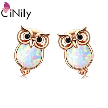 

CiNily Blue & Pink Fire Opal Night Owl Stud Earrings With Stone Silver Plated Rose Gold Color Mini Vampire Birds Cute Jewelry