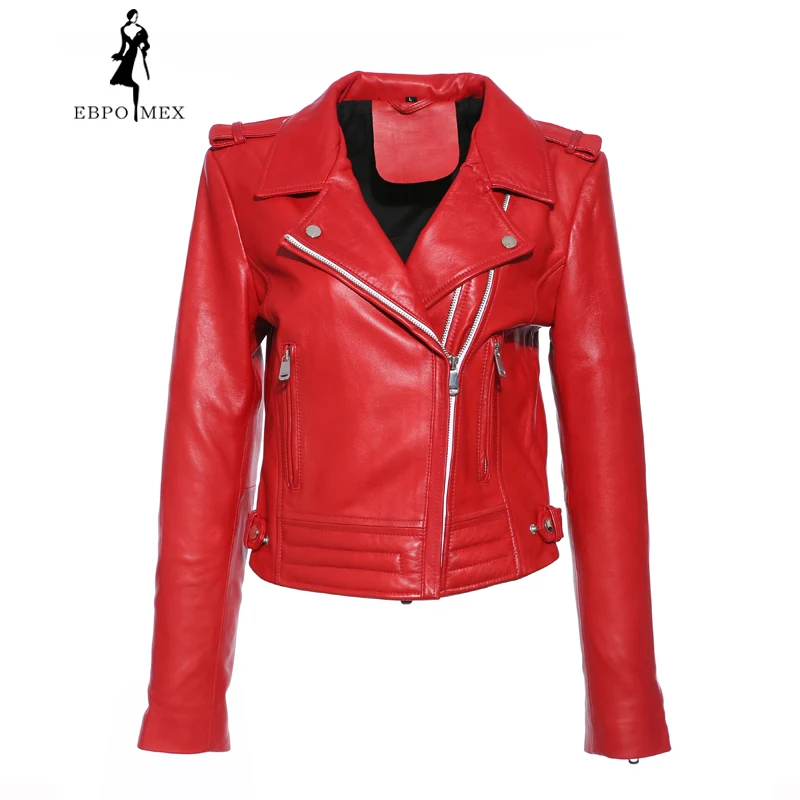 

2018 Casual Sheepskin coat leather motorcycle leather clothing female short sheepskin spring Red leather jacket Leather clothing