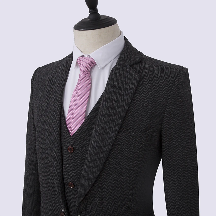 Black Wool Herringbone Tweed Men Suits for Wedding Groom Tuxedos