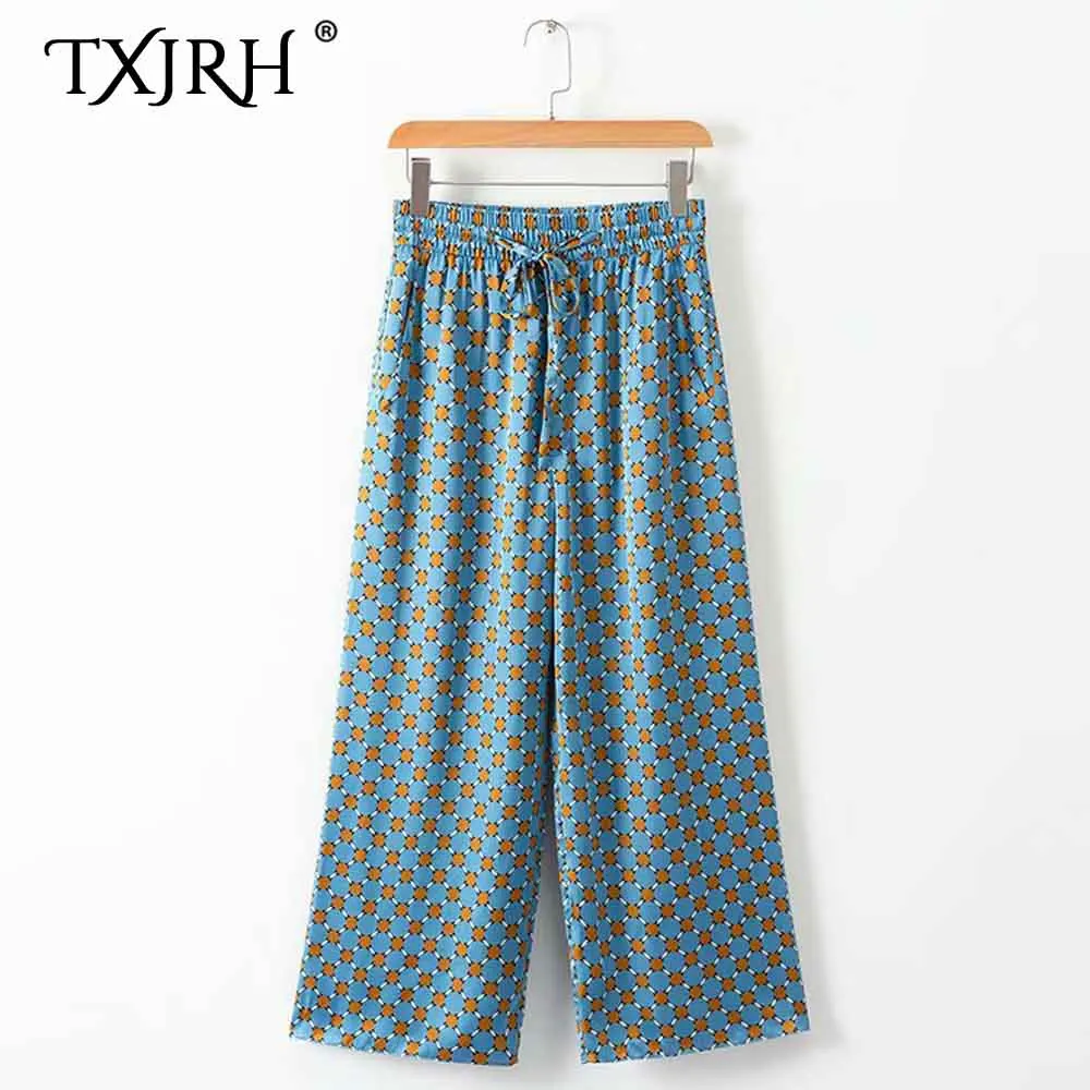 

TXJRH Vintage Geometric Polka Dot Drawstring Tied Bow High Elastic Waist Loose Wide Leg Pants Trousers Fashion Full Length Pants