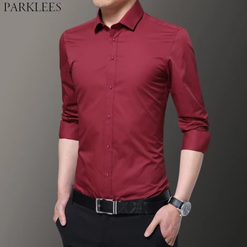 

Wine Red Plus Size Long Sleeve Shirt Men 2019 Brand New Slim Fit Mens Dress Shirts Formal Business Casual Work Chemise Homme 8XL