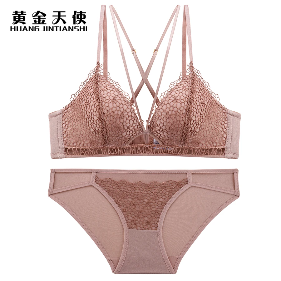 

Sexy Triangle Cup Bra and Briefs Set Women Lace Bralette Hollow Lingerie Underwear Back Cross Adjusted Strap Bras Sets for Women