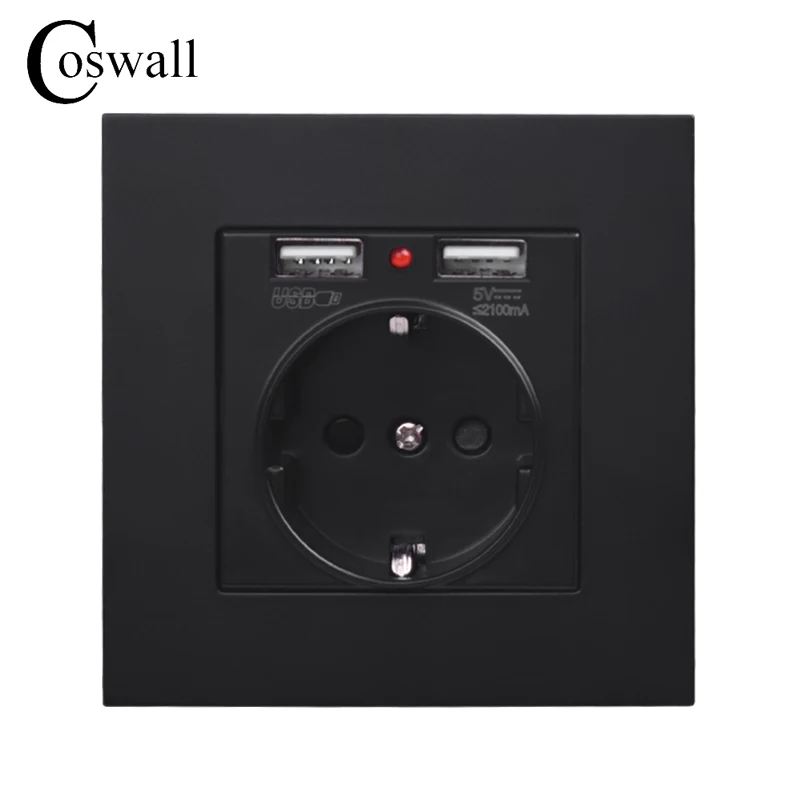 Coswall, двойной usb порт для зарядки, 5 В, 2,1 А, светодиодный индикатор, 16А, настенная розетка европейского стандарта, ПК Панель, белый, серый, черный, золотой, 4 цвета