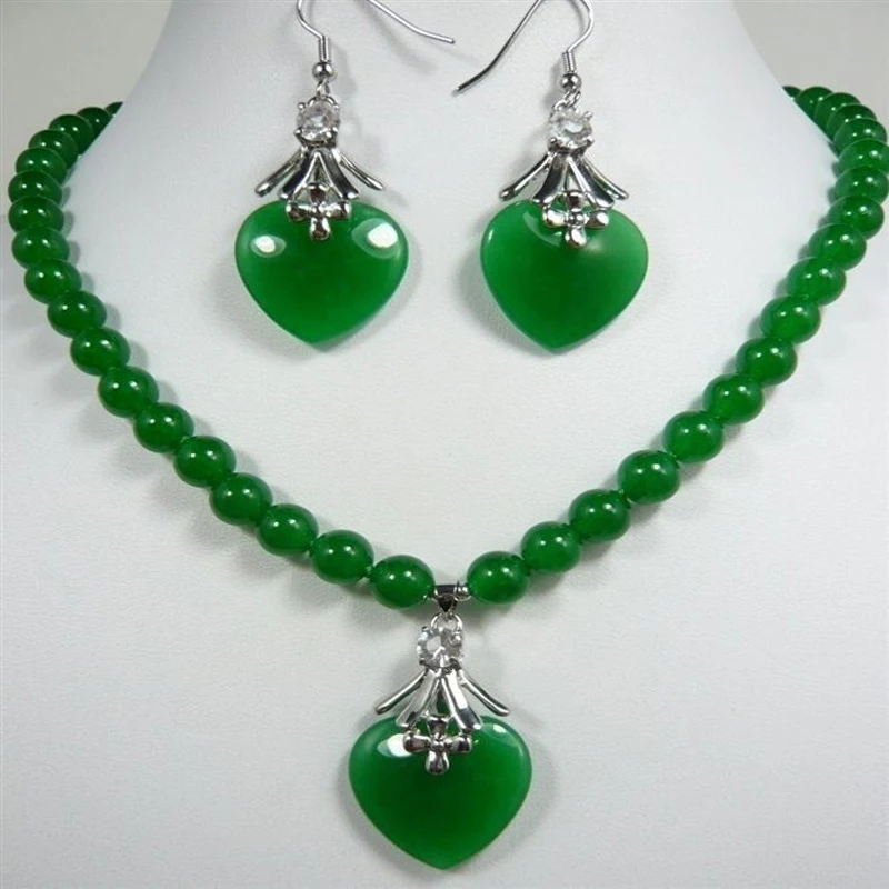 

New Women's noblest green Necklace heart-shaped pendant Earring set SSSS3f5y6t