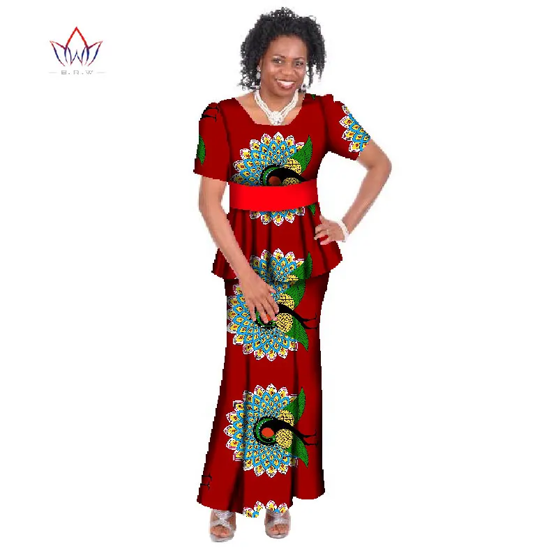 Африканский Базен женский короткий рукав костюм из двух частей плюс размер Африка Женская одежда с круглым вырезом Дашики бренд юбка набор хлопок 6xl WY412 - Цвет: 10
