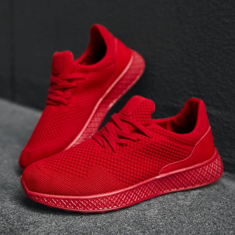 Hemmyi Mens Casual Shoes Breathable Mesh Sneakers Red Black Shoe Lace-up Rubber Sole Zapatos De Hombre Plus Size 39-47