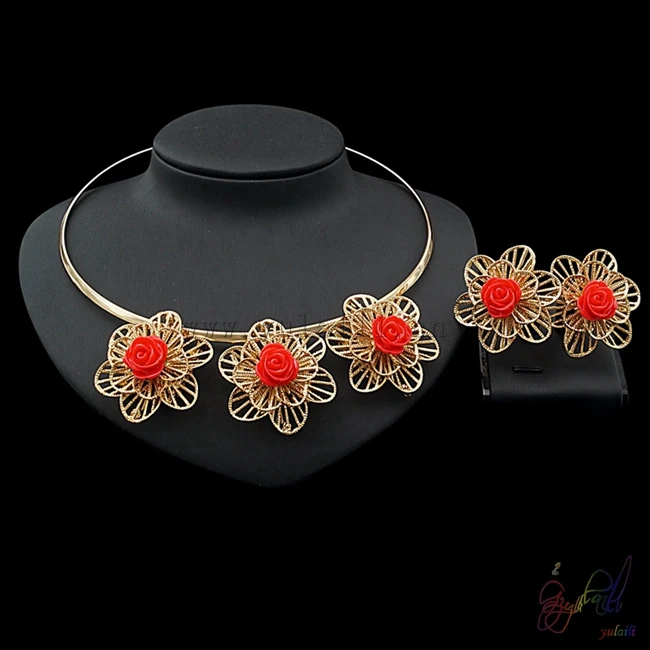 

Yulaili Free Shipping 2017 Top Quality Rose Flower Design Necklace Earrings Two Jewelry Sets
