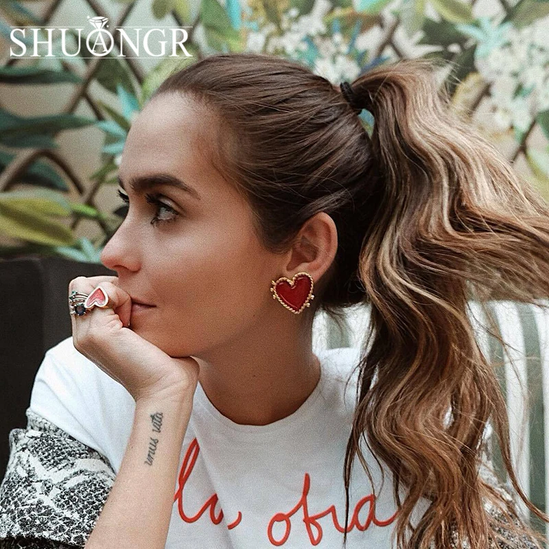 

SHUANGR Bohemian Red Heart-shaped Drop Earrings For Women Gold Punk Dangle Earring Brincos Statement Jewelry Party Gift