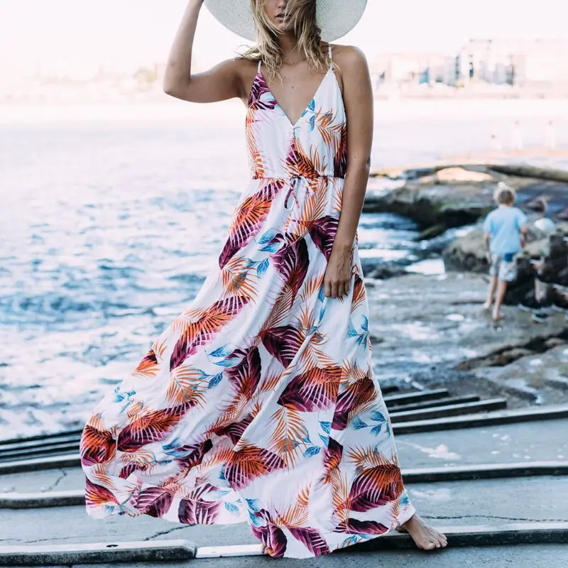 

Womens Bohemian Ethnic Tropical Leaf Feather Printed Maxi Long Swing Dress High Waist Drawstring V-Neck Halter Beach Sundress