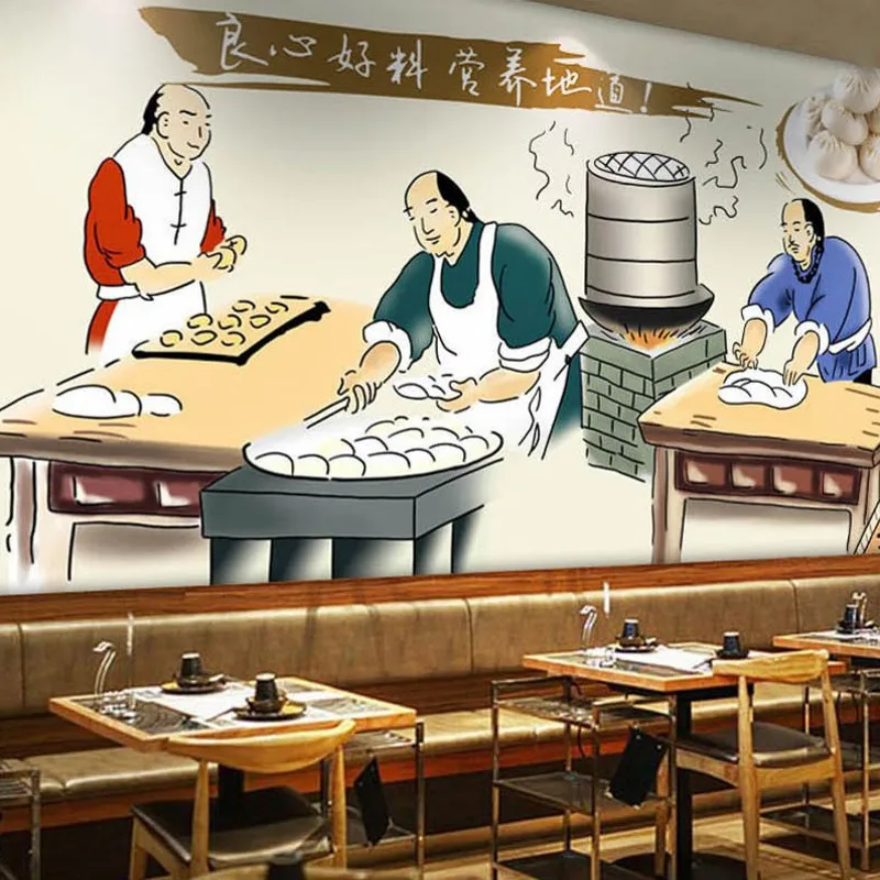 

Free shipping Cartoon wallpaper hand-drawn chinese traditional cuisine culture steam bun shop Restaurant background wall mural