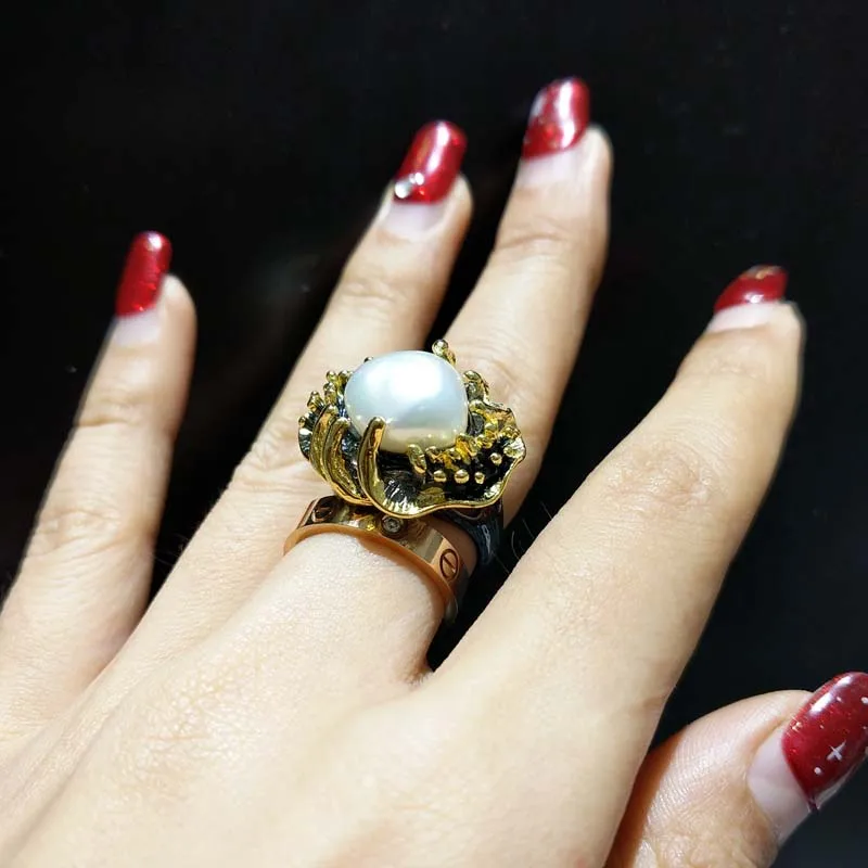 YBO, Big supper ring natural irregular pearl ring in 925 sterling silver with gold plated beautiful hand made hypebole big ring