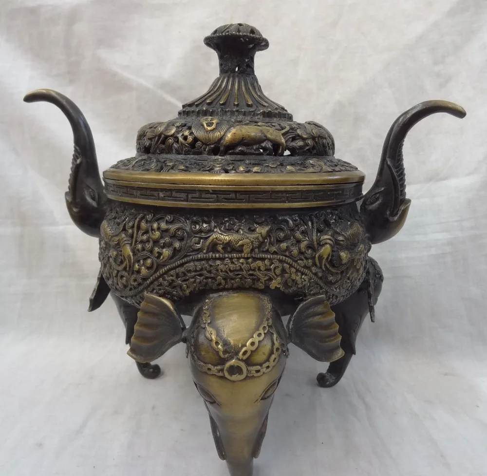 

12" Tibet Bronze Lion Unicorn Elephant Head Statue Flower Incense Burner Censer