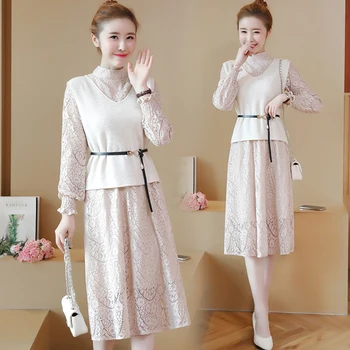 

2018 spring new korean ladies fashion lace knitted vest dress lady clothes design outfit long sleeve 2 pcs vestidos dresses