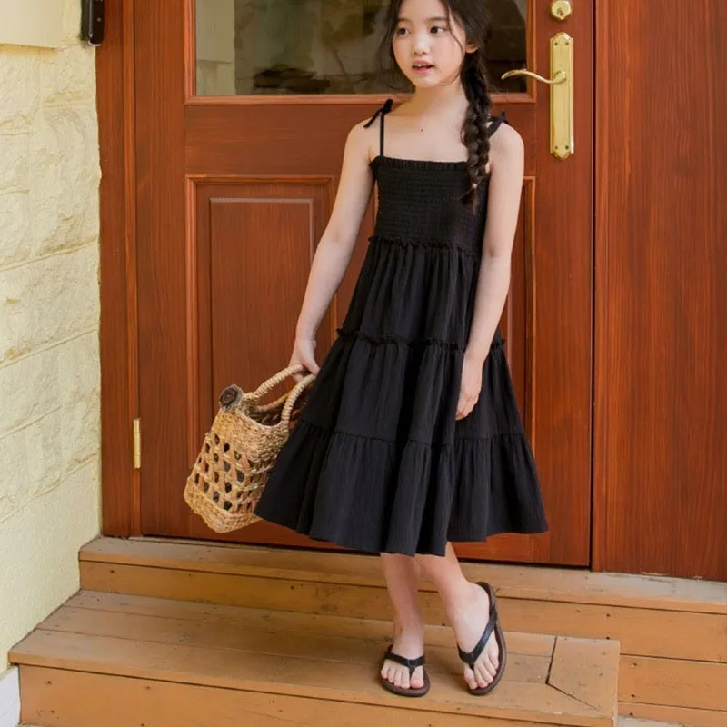Хлопковое платье для маленьких девочек Детские платья принцессы для подростков летнее платье Черное длинное детское летнее платье для девочек 14 лет, 12, 10, 6, 8, 4