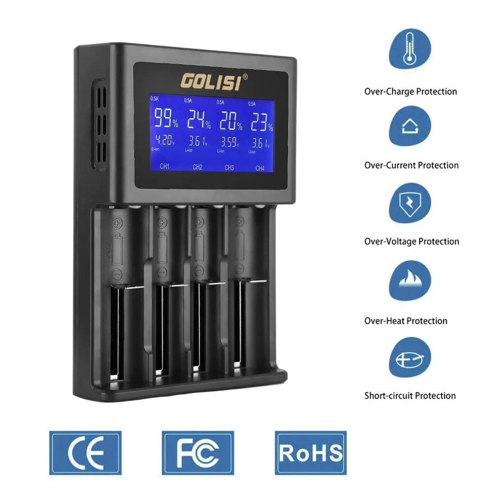 Golisi S4 2.0A интеллектуальное ЖК-зарядное устройство для Li-Ion Ni-MH Ni-Cd Ni-md 26650 18650 20700 21700 AA AAA аккумуляторная батарея