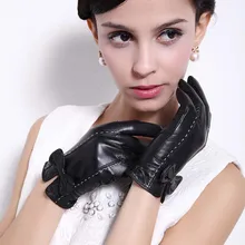 Натуральная кожа наппа Перчатки Новое поступление женские кожаные перчатки с бантом на манжете