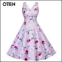 OTEN-Women-Summer-Fashion-Rose-Floral-Print-V-Neck-Sleeveless-Party-midi-Knee-Length-Casual-Vintage