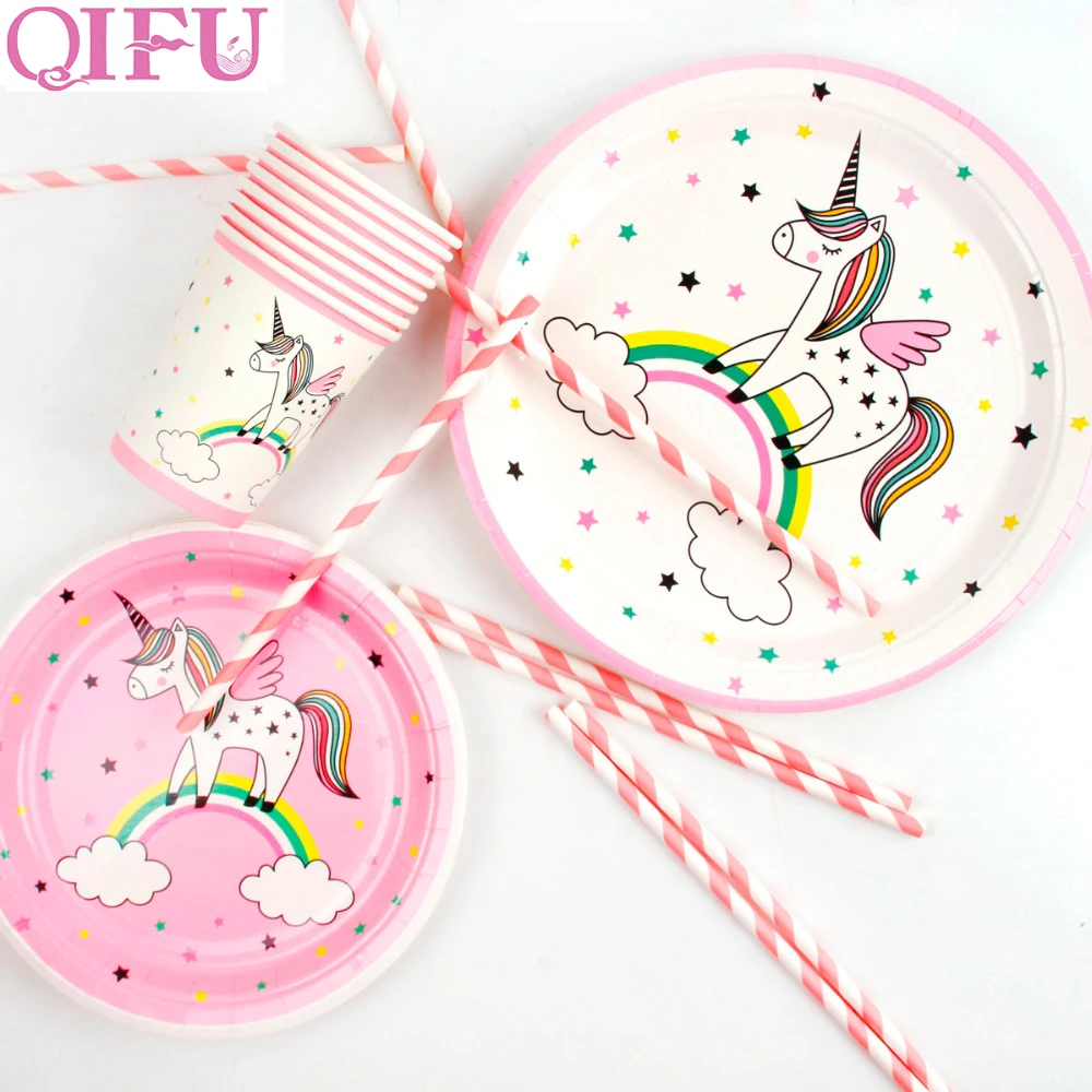 

QIFU Unicorn Disposable Tableware Set Happy Birthday Party Decorations Kids Baby Shower Paper Plate Cups Tablecloth Napkins