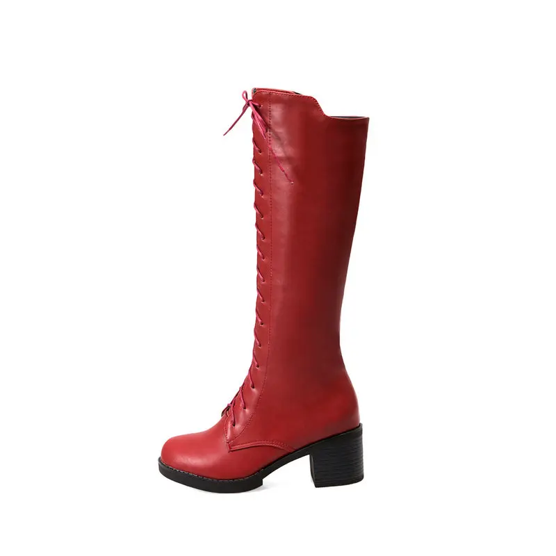 Женские удобные сапоги в жокейском стиле до колена на квадратном каблуке; модная теплая обувь с боковой молнией и перекрестной шнуровкой; цвет черный, красный, желтый