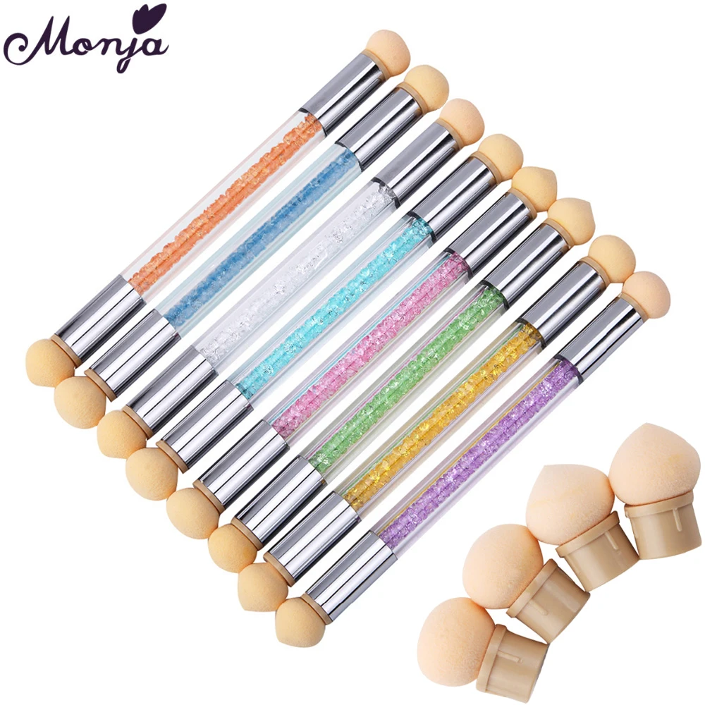 Monja, двойная головка, для дизайна ногтей, цветная градиентная ручка, акриловая УФ-Гелевая Кисть для маникюра+ 6 губчатых головок, штамп, сменные маникюрные инструменты