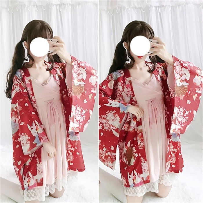 Летний японский стиль Лолита милый кролик печатных Защита от солнца кимоно пальто Топы Haori кардиган+ платье без рукавов мягкая сестра - Цвет: Only Coat