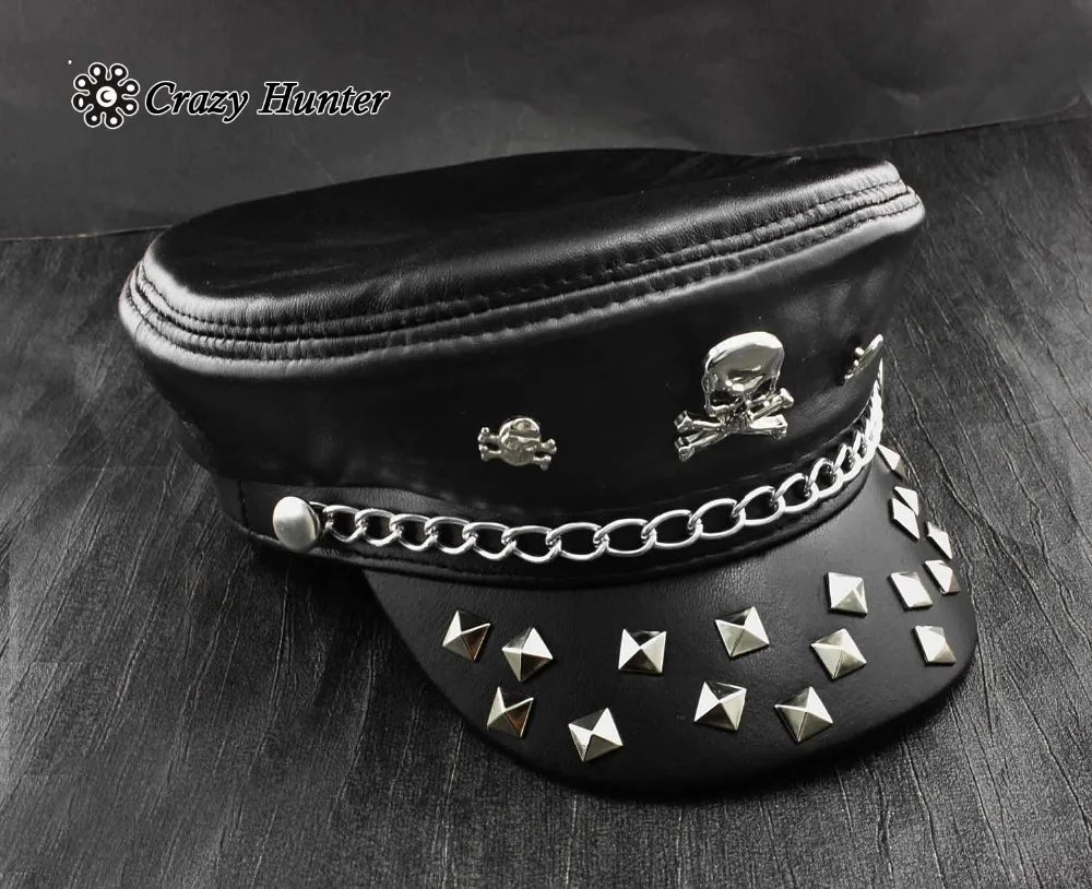 Mens Black Genuine Leather Punk Steampunk Rocker Metal Studded Skull