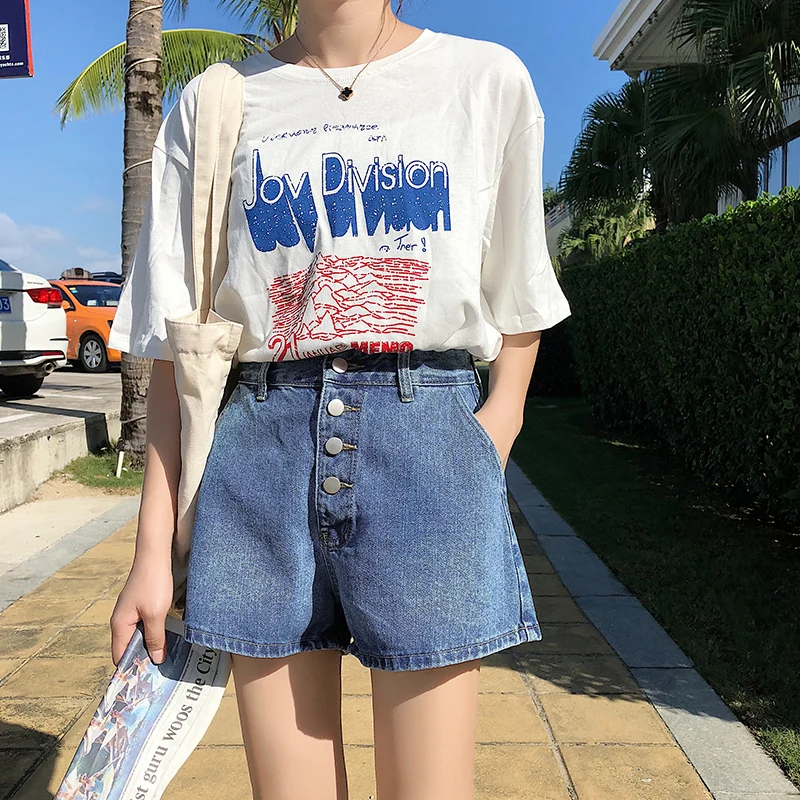 Летняя Повседневная Уличная одежда кнопка синие шорты джинсы для женщин для мини Высокая талия джинсы женский плюс размеры