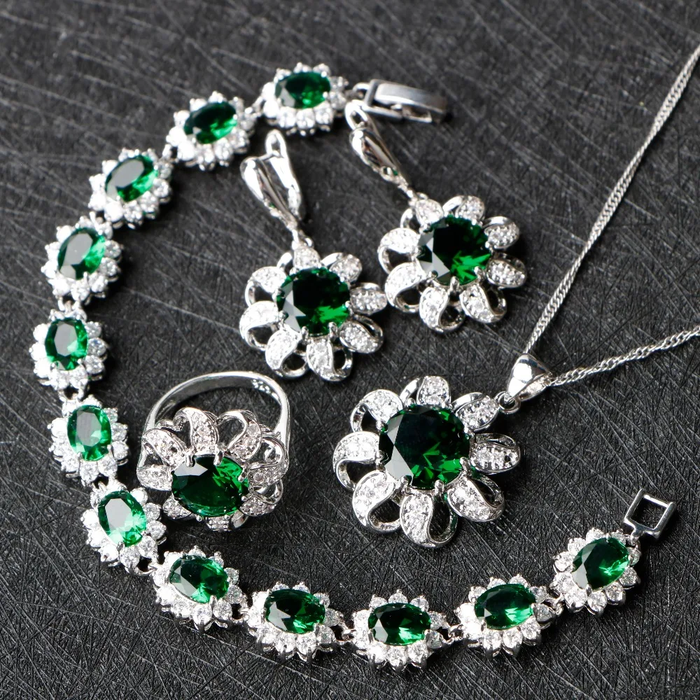 

Huge Flower Green Cubic Zirconia 925 Sterling Silver Jewelry Sets Christmas Earrings/Rings/Pendant/Necklace/Bracelets For Women