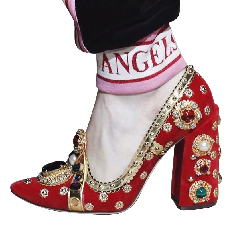 Женские модные туфли из Красной замши со стразами; дизайнерские туфли-лодочки на высоком каблуке; Туфли-гладиаторы со стразами; большие размеры 35-43