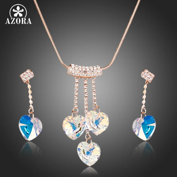 AZORA Rose Gold Color Heart Austrian Crystal Pendant Necklace and Drop Earrings Jewelry Sets TG0145