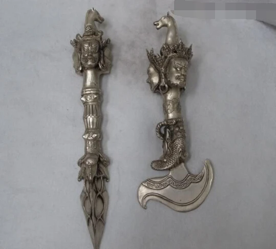 

free China Tibet Buddhism White Copper Silver Hayagriva Buddha Phurpa Dagger Pair fast