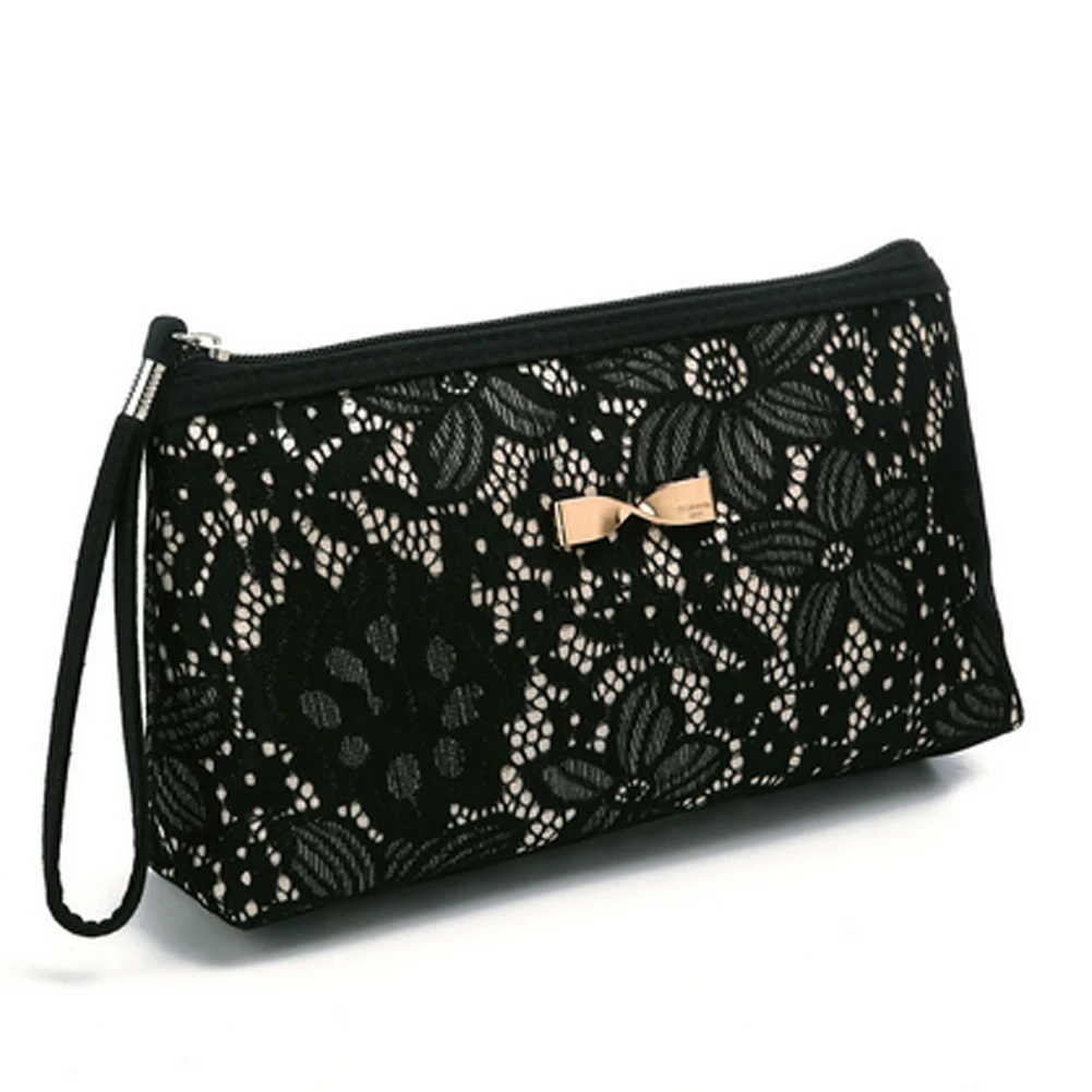 Practical Lace Makeup Pouch Multi Usage Cosmetic Clutch Handbag Portable Travel Toiletry Bag For Women (801A) Black | Дом и сад