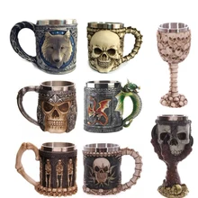 UzeQu 3D Schädel Becher Doppelwand Aus Edelstahl Kaffeetassen Schädel Ritter Krug Dragon Pirate Trinken Goblet Canecas Copo