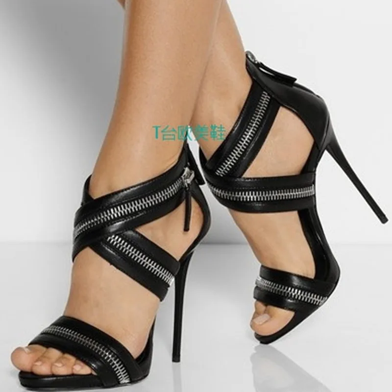 

Cross-Tied Super High Heels Pumps Women Fashion Summer Superstar Sheepshin Wedding Zipper Silver Metal Plus Size Sandals Women