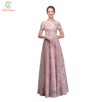 

Clearance Pink Lace Evening Dress Boat Neck Floor-length Appliques Beading Elegant Party Formal Gown Robe De Soiree