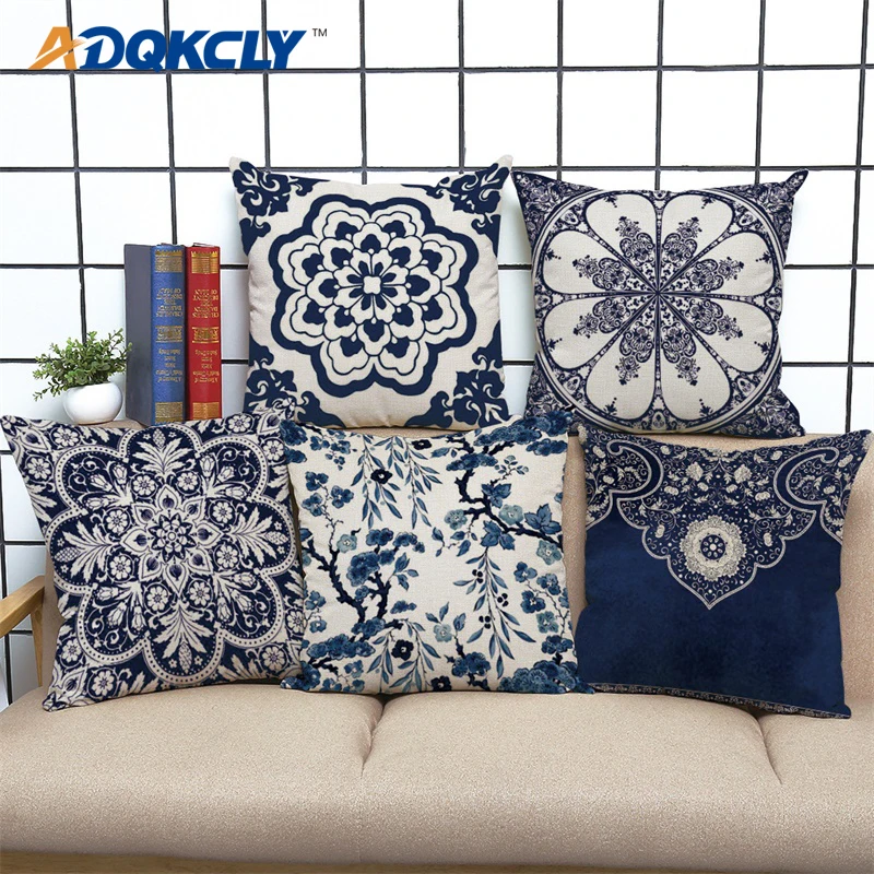 

ADQKCLY Classical Style Cushion Cover Blue&White Porcelain Polyester Pillow Covers 43*43cm Decortive Sofa Car Chair Pillowcase