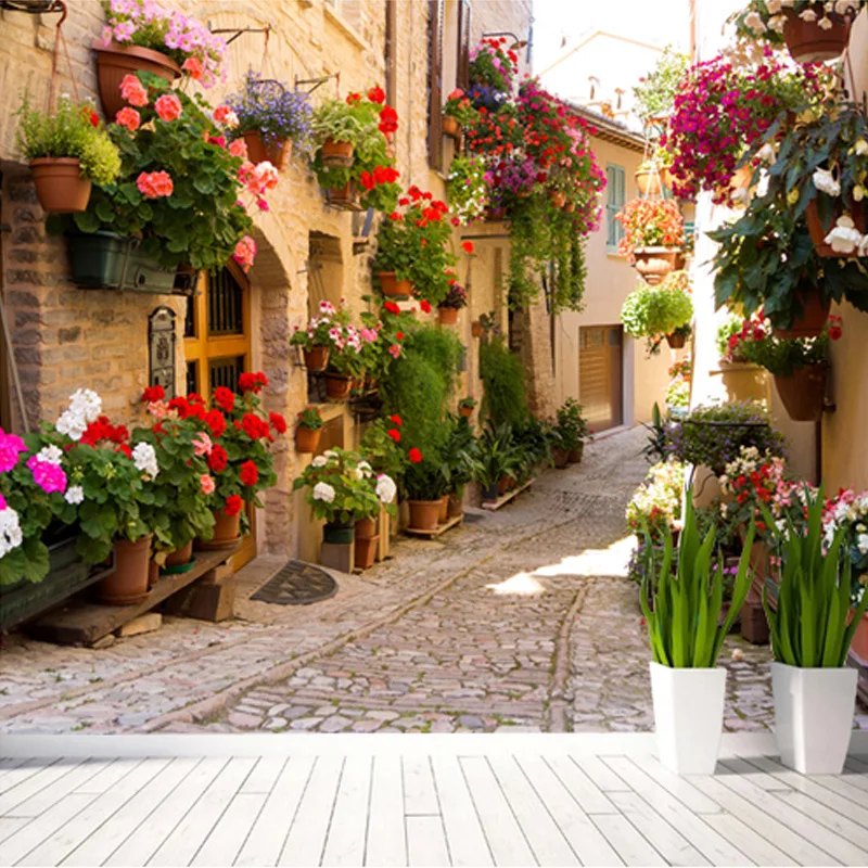 

Customized European Street Scenery Mural Wallpaper Colorful Flower In The Alley Wall Mural Printed Home Decor 3D Photo Wallpaper