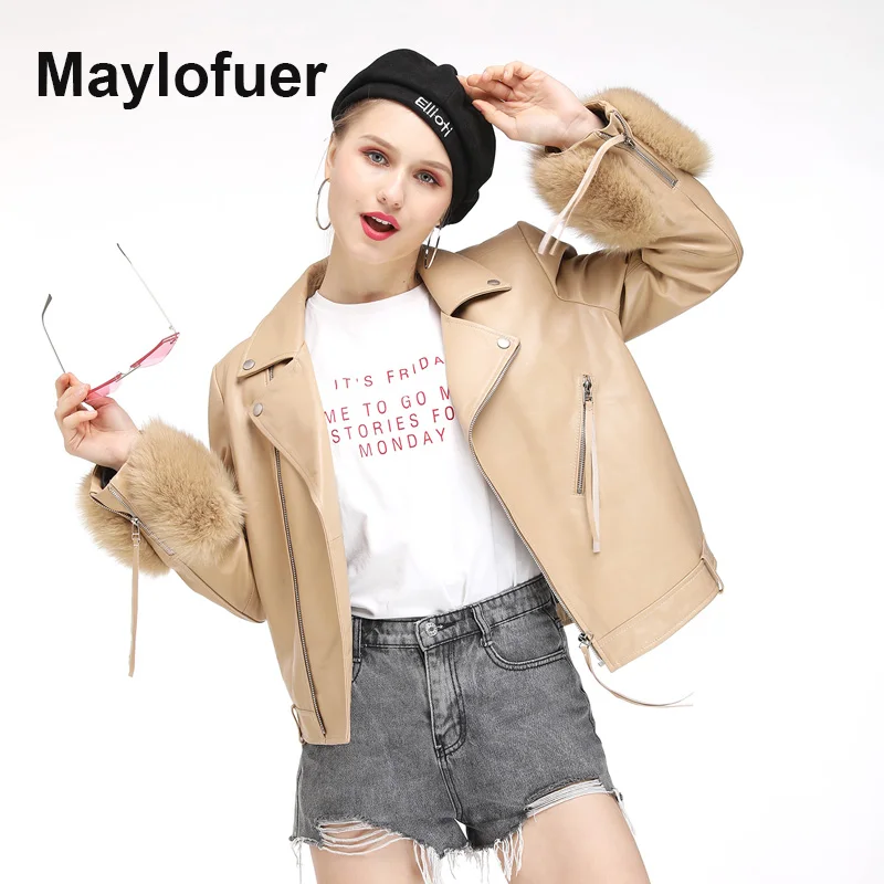 Maylofuer Fashion Women Genuine Leather Jackets Zipper Basic Coat Turn-down Collar Biker Jacket with Fox Fur Sleeves