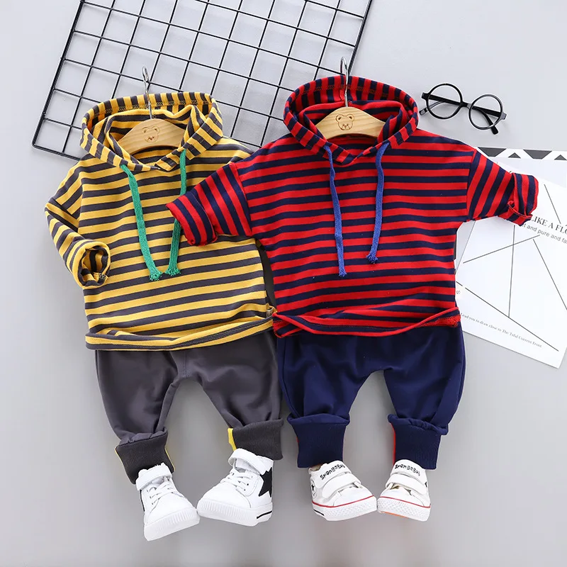 

2019 Spring Toddler Infant Clothes Suits Baby Boys Girls Clothing Sets Hooded Stripe T Shirt Long Pants Kids Children Costume