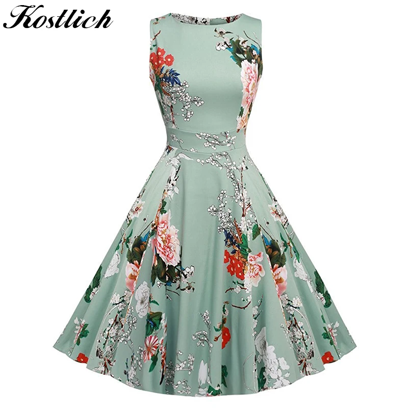 Kostlich Floral Print Summer Dress Women 2018 Sleeveless Tunic 50s Vintage Dress Belt Elegant Rockabilly Party Dresses Sundress