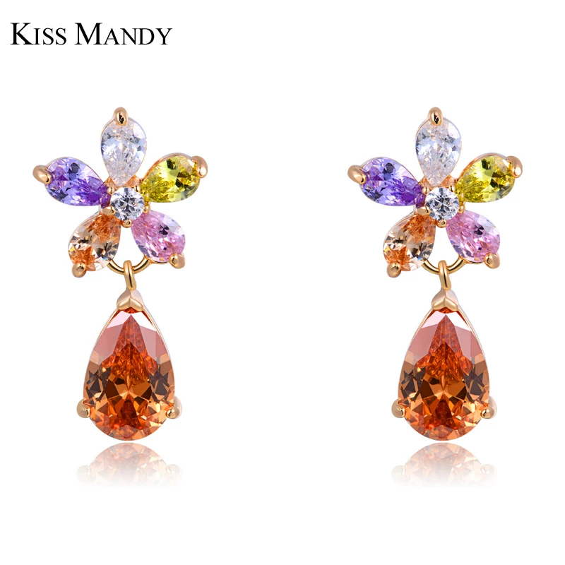 

Kiss Mandy Flower Shape Stud Earring For Women Colorful Waterdrop Cubic Zircon Earrings Female Jewelry Accessories JME13