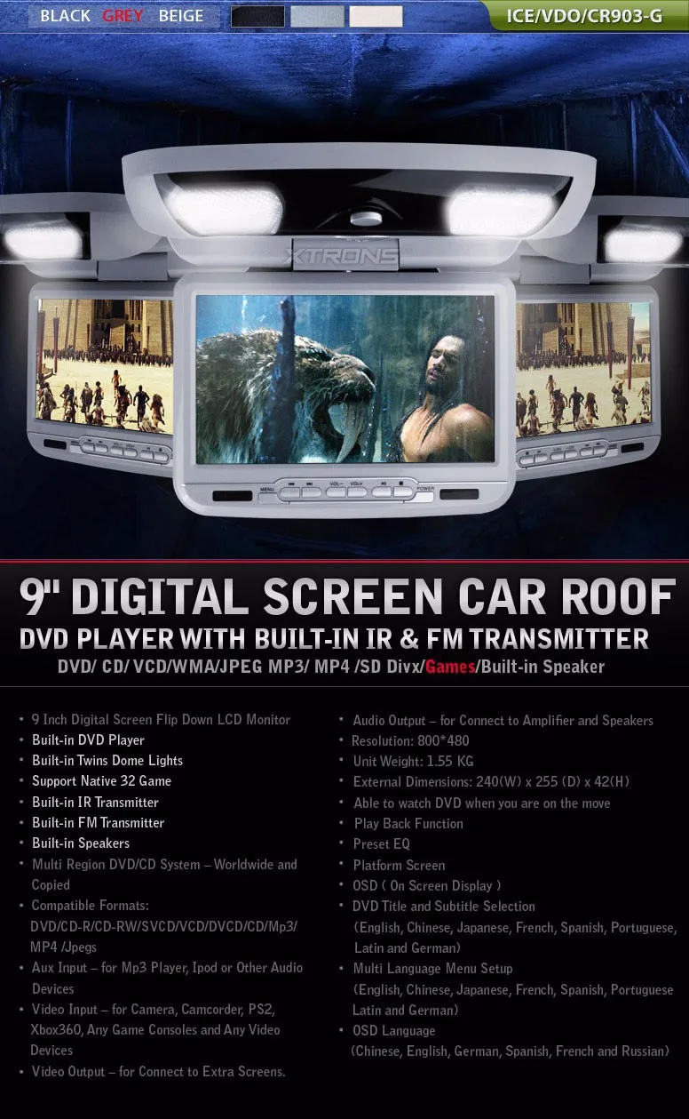 Perfect 9 Inch Car Roof Monitor DVD Flip Down Car DVD with 2 IR Headphones IR/ FM Transmitter Grey Color (Black & Beige Optional) 0