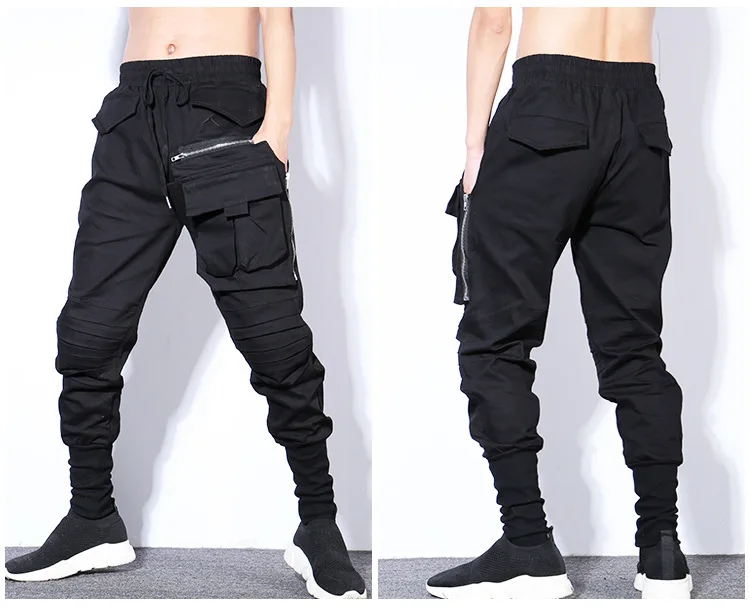 1719 осень зима черные плиссированные узкие шаровары мужские размера плюс хип-хоп брюки мужские с большими карманами на молнии Корейская уличная одежда