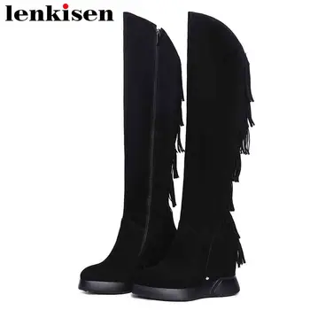 

Lenkisen autumn winter concise brand big size pointed toe knee-high boots art deaign tassel natural leather zip woman shoes L10